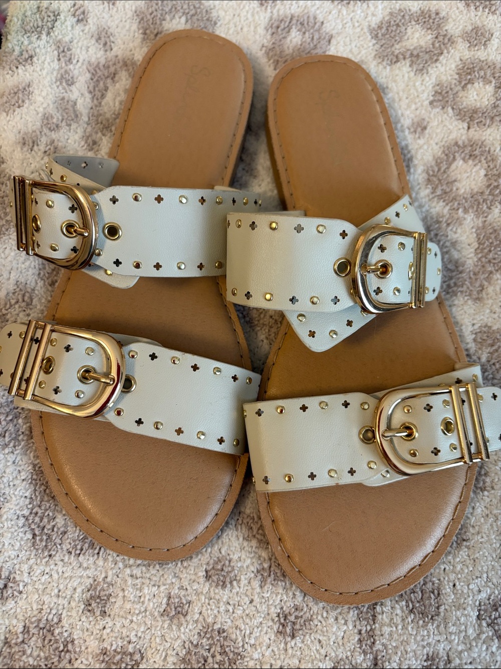 Splendid - Bone colored Double-Buckle (adjustable) Gold Studded Slide Sandals